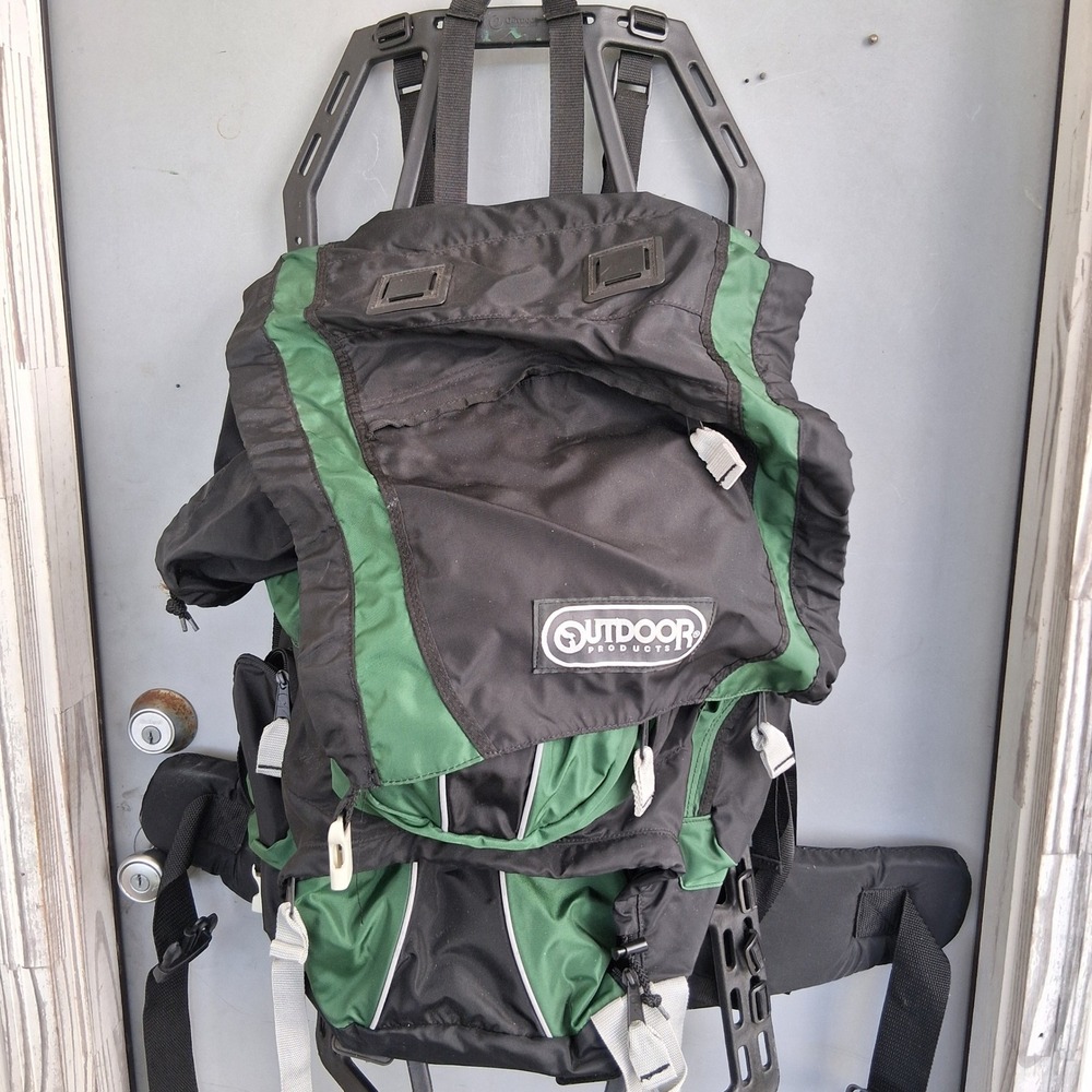 Outdoor Products External Frame Hiking Backpack Black Green Sealock Straps